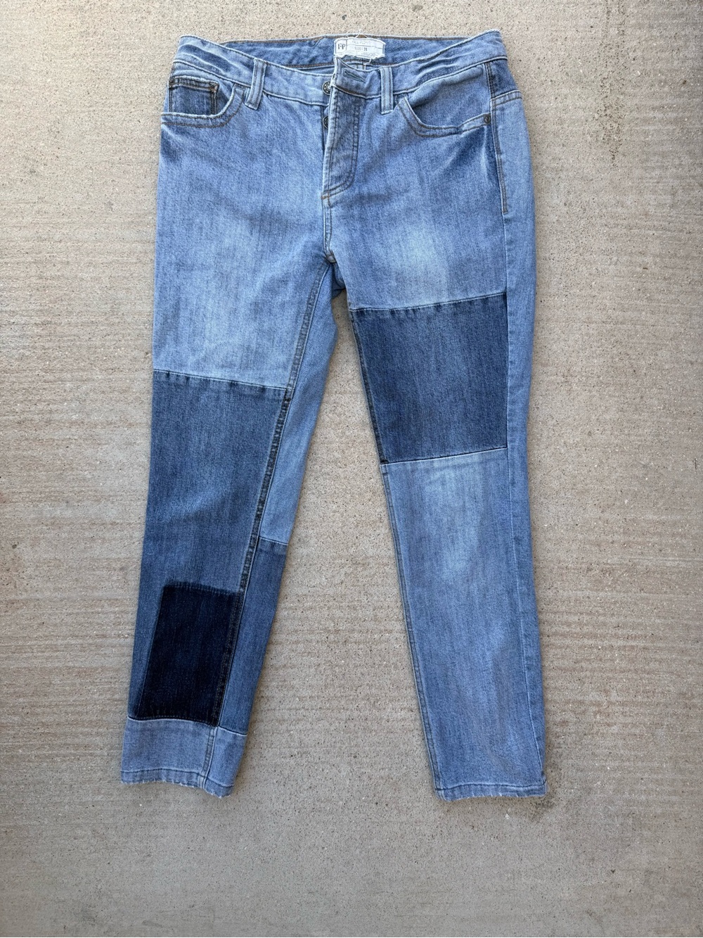 Free People Two-Tone Patchwork Straight Leg Jeans in Light & Dark Blue